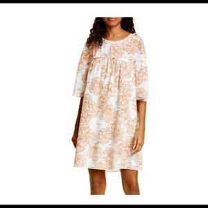 DYVNA Orange/White Floral Silk Bell Sleeve Braided Trim Shift Dress